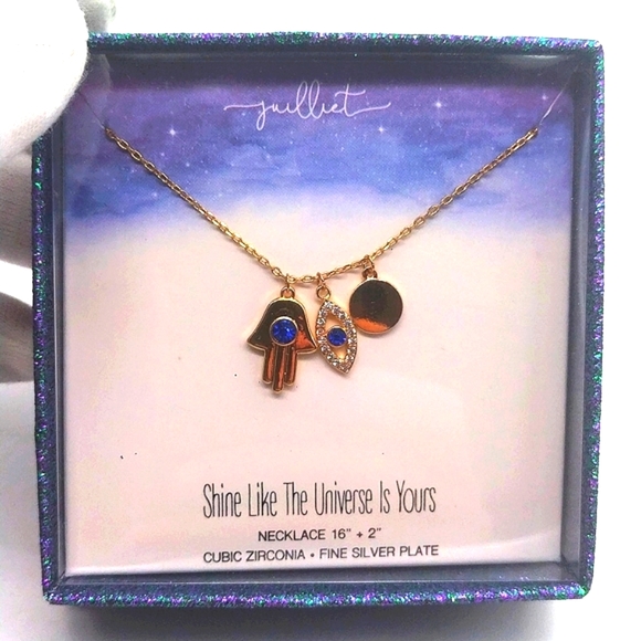 Juilliet Silver Plated Gold Hamsa with CZ Semi Precious Necklace Boxed - Picture 2 of 3